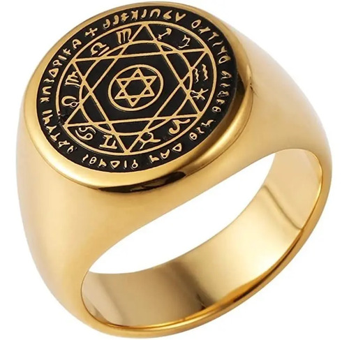 . Anillo Amuleto Rey Salomón Dorado Acero Inoxidable
