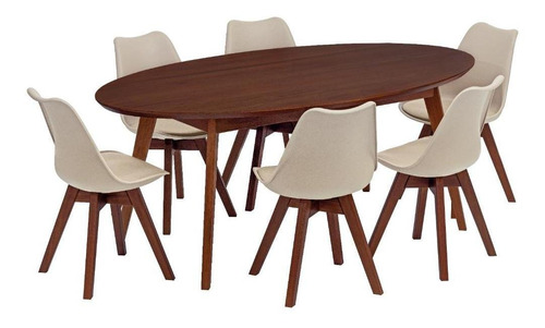 Mesa De Jantar Oval Vértice 190cm Nozes Com 6 Cadeiras Leda