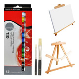 Kit Set Oleo Daler Rowney Atril Madera Pincel Cerda Bastidor