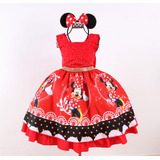 Vestido Festa Super Luxo Infantil Minnie Vermelha E Tiara