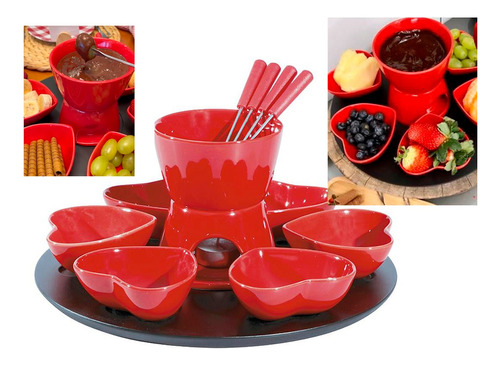 Kit Fondue 14 Pçs Coração Cerâmica Lindo Decoração Mesa 