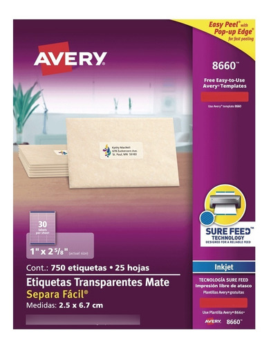 Etiqueta Semi-transparente Inkjet Avery 8660 De 2,5 X 6,7 Cm