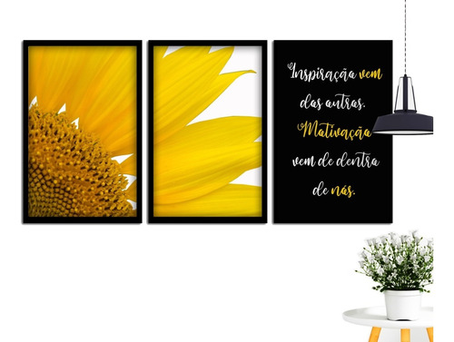 Kit 3 Quadros Decorativos Grandes Moldura Girassol Frases