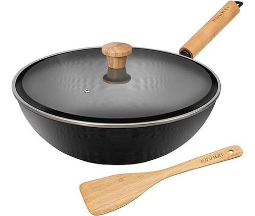 Olla Wok De Acero Al Carbono Con Tapa, Sartén Antiadherente