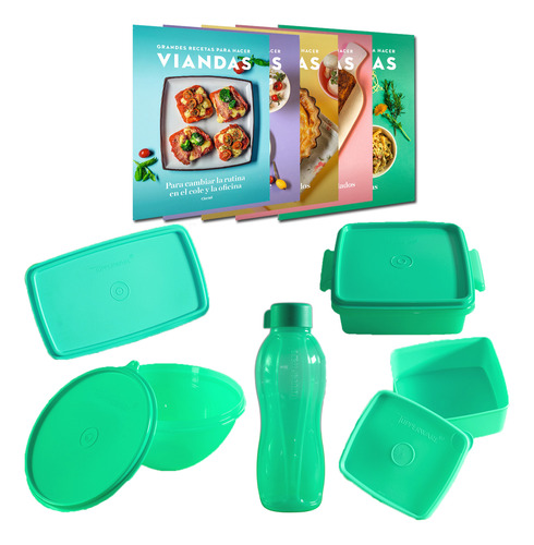 Set 1 De 5 Herméticos Tupperware Aqua +recetario P/ Viandas