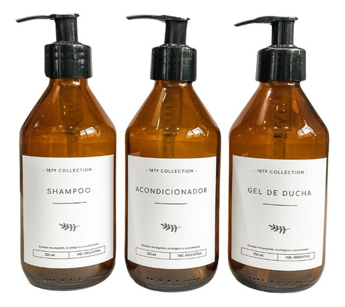 Set Dispenser Vidrio 250ml Shampoo-acondicionador-gel Ducha