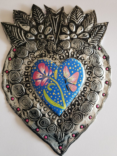 Corazón Mexicano De Aluminio Hecho A Mano, Azul