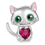 Charm Gatito Y Corazón De Circón Rojo Plata 925 Silver Heart