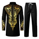 Camisa Y Pantalones Africanos Estampados En Oro Para Hombre,