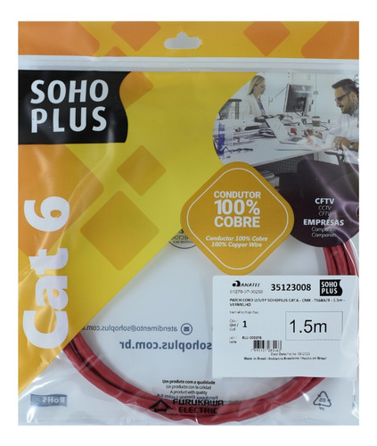 Patch Cord U/utp Furukawa Sohoplus Cat6 Cmx 1.5m Vermelho