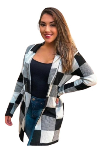 Kimono Casaco Grosso Inverno Tricot Cardigã Frio Xadrez Full