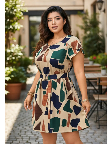 Vestido Casual Estampado Geométrico Cinturón, Tallas Grandes