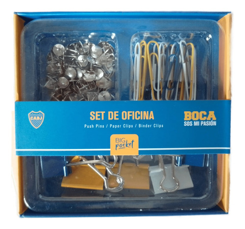 Set Oficina Big Pocket Boca Broche Clips Chinches Surtido Color Cabj Azul Y Amarillo