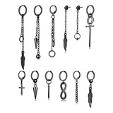 Pack 12 Aretes Hombre Negros Piercing Acero Colgantes 