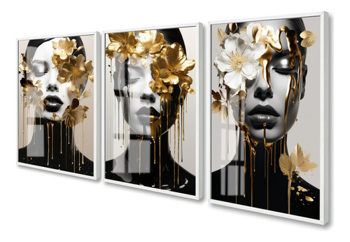 Kit 3 Quadros Decorativos Mulher Flor Dourada Moderno Vidro