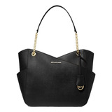 Bolsa Tote Michael Kors Jet Set Large  Diseño Lisa De Cuero  Black Con Correa De Hombro Negra Asas Color Negro Y Cadena Y Herrajes Oro