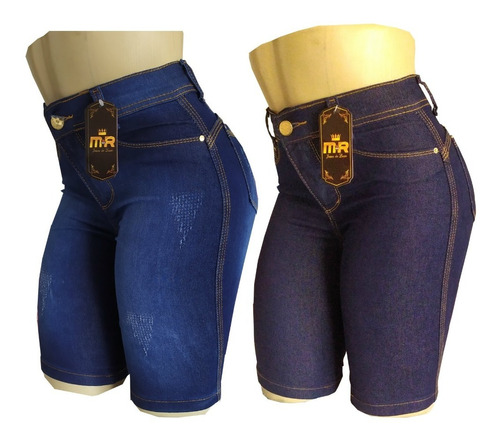 Kit Com 2 Bermuda Jeans Feminino Ate O Joelho - Cintura Alta