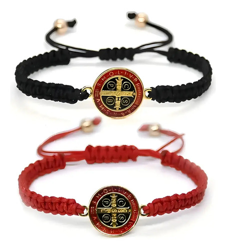 2 Pulseras Tejidas Hilo Medalla San Benito Ajustable