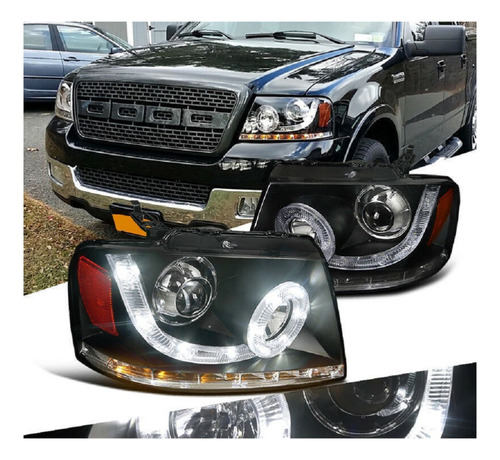 Ford F150 Lobo 2004 - 2008 Juego Faros Ojo De Angel Neg Led