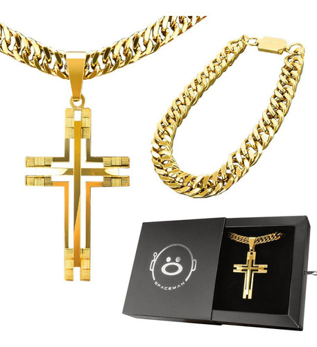 Pingente Crucifixo + Pulseira + Corrente Banhada Ouro