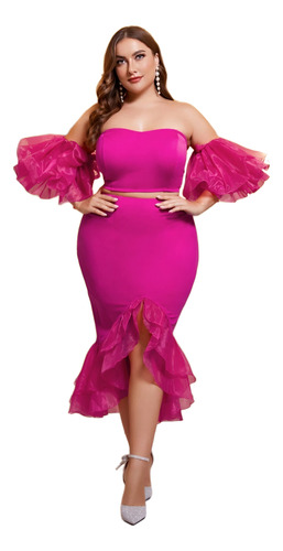 Vestido Elegante Fiesta Curvy Tallas Grandes Rosa Fucsia