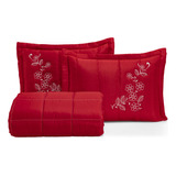 Cama Viuva Flora Casal 3 Peças Bordada Cama Toque Macio Cor Vermelho