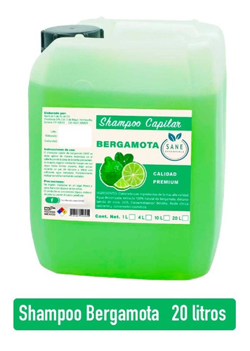 Shampoo Bergamota Natural Sane Crecimiento De Cabello 20 Lt