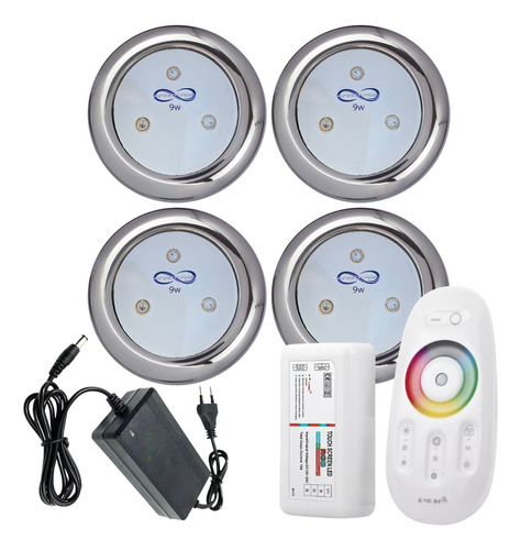 Kit Iluminação Piscina 4 Super Led Inox 9w Rgb + Touch