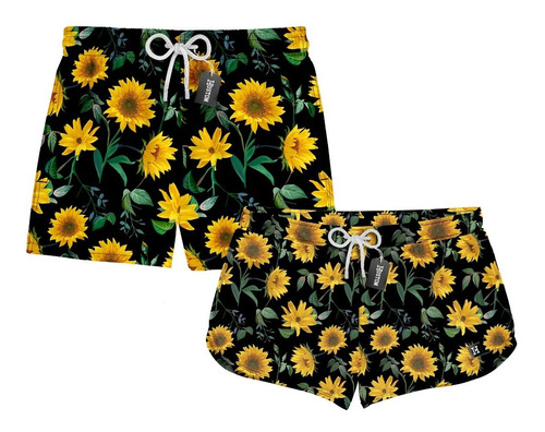 Kit Casal Short Praia Mozão Girassol Flores 0045