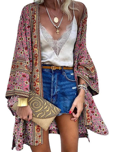 Women's Thin Loose Boho Print Cardigan Length