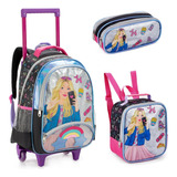 Kit Mochila Escolar Infantil Rodinha Denlex Barbie Meninas