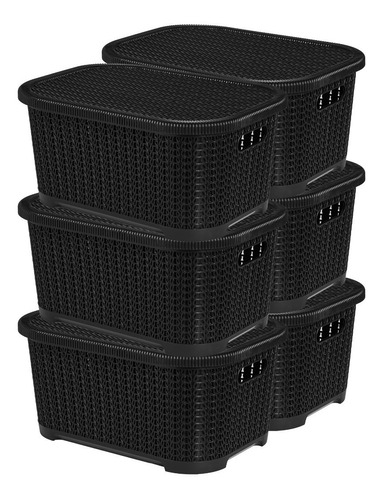 Set X 6 Cajas Organizadoras Simil Rattan Marron Con Tapa 12l