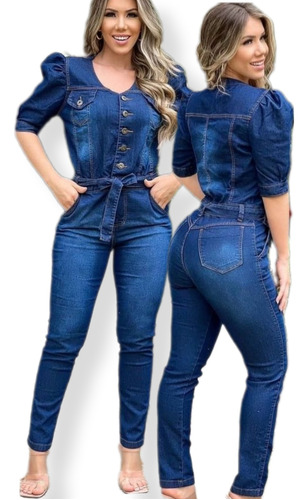 Macaquinho Jeans Feminino Plus Size Manga 3/ 4 Alto Estilo