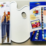 Kit De Pintura Acrilicos X 12, Pinceles, Paleta