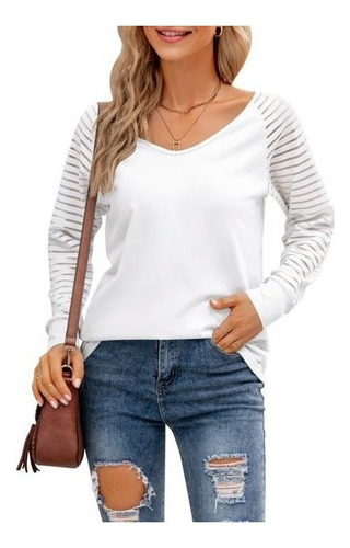 Camisas De Mujer Cuello V Manga Larga De Malla Transparente