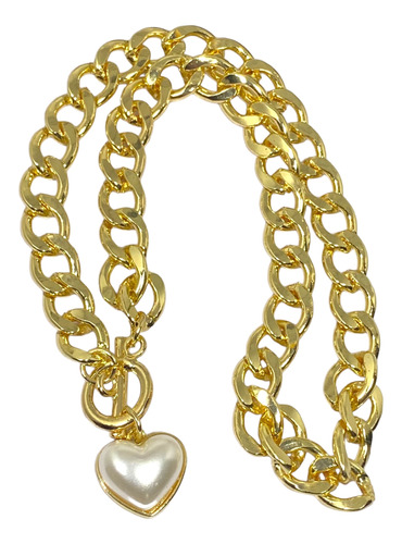 Collar Eslabones Bañado En Oro Dije Corazón Perla Corazón