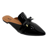 Sapatilha Mule Feminino Bico Fino Verniz Preto Laço Rasteira