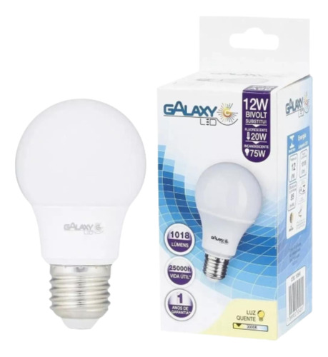 Lâmpada Led Bulbo A60 12w 3000k Bivolt Galaxy E-27