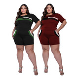 Kit 2 Conjunto Feminino Plus Size Blusa Manguinha Short Luxo