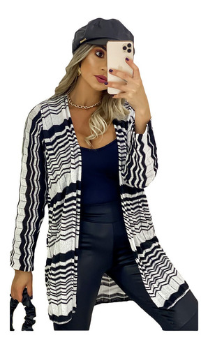 Kimono Feminino Casaco Tricot Inverno Zig Listrado Tendência