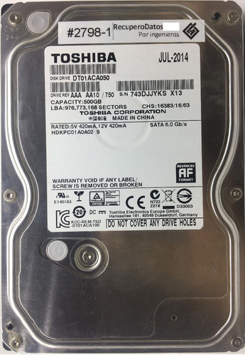 Toshiba Dt01aca050 500gb Sata - 03927 Recuperodatos