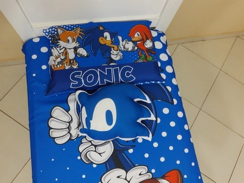 Lençol Sonic Personalizado + Almofada Cabeça Do Sonic