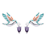 Aros Plata 925 Zircon Colibrí Picaflor Violeta Regalo Mujer