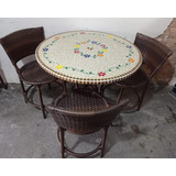 Conjunto De Mesa 80cm Em Mosaico Florido Com 3 Cadeiras