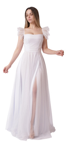 Vestido Longo Em Tule, Noiva, Casamento Civil, Ensaio Ox041