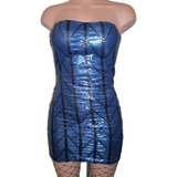 Sexy Vestido Strapless Azul Brilloso Metalico Moderno Antro