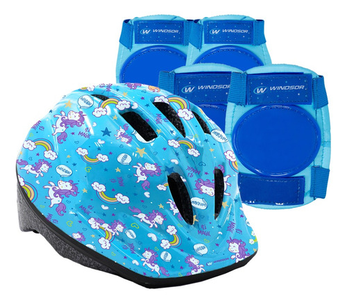 Casco Infantil Con Coderas Y Rodilleras Windsor Color Azul Claro Talla Unitalla