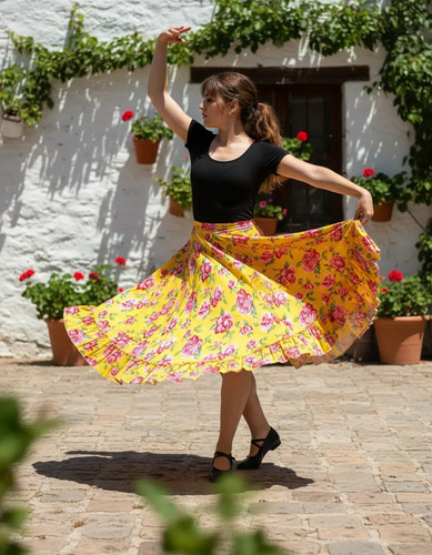 Falda Danza Floreada Medio Vuelo Circular Bailable Adulto