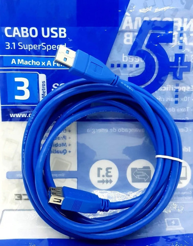 Cabo Extensor Usb 3.1 Macho E Fêmea 3mt 0187723 Até 5 Gbit/s