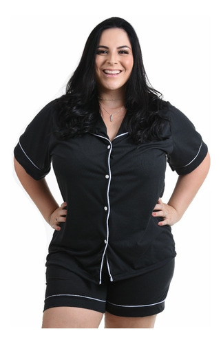 Pijama Curto De Verão Plus Size Americano Aberto Com Botão